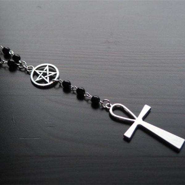 Cross pendant beaded metal chain necklace