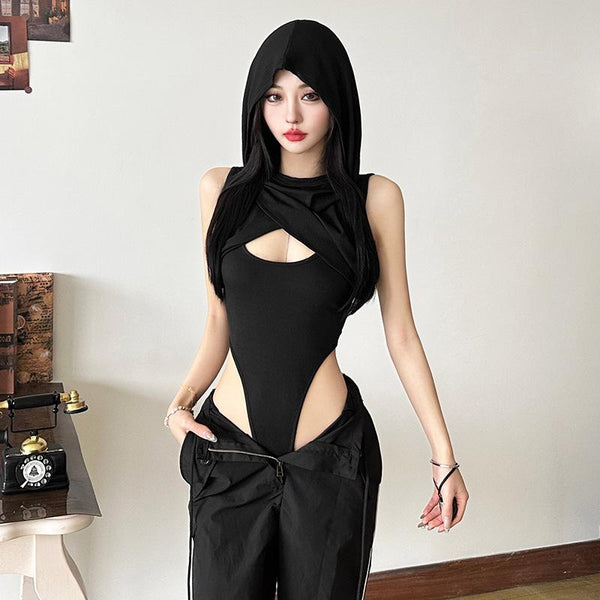 Hoodie sleeveless cross front hollow out bodysuit