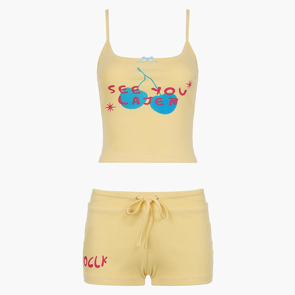 U neck letter print bowknot cami pant set