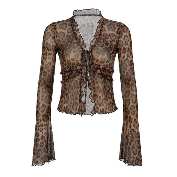 Leopard print long flared sleeve mesh ruffle self tie top