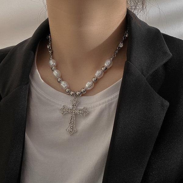 Beaded cross pendant rhinestone necklace