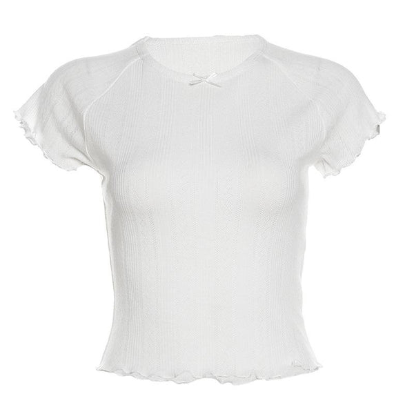 Short sleeve textured bowknot ruffle top