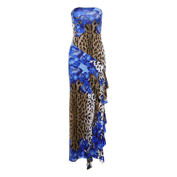 Leopard print contrast ruffle high slit tube maxi dress