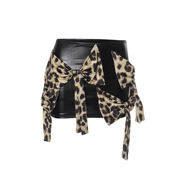 Leopard print bowknot PU leather contrast mini skirt