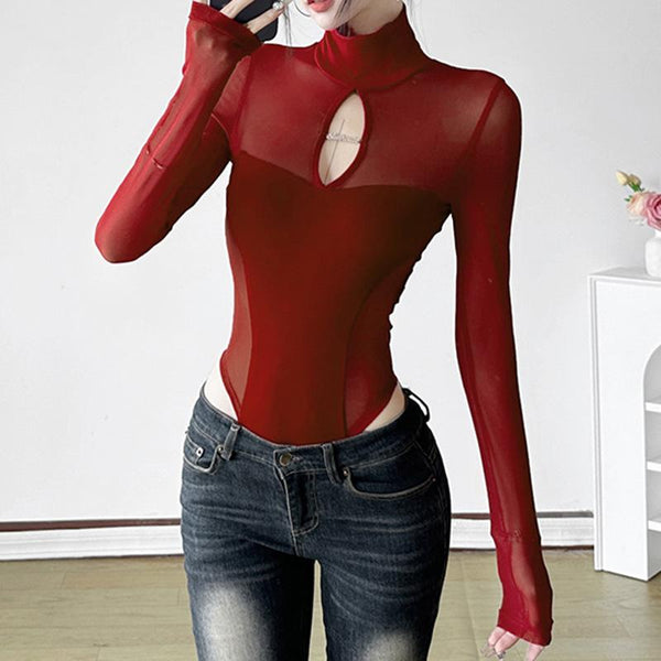 High neck long sleeve mesh hollow out bodysuit