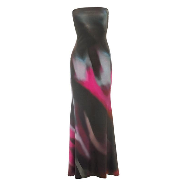 Print backless contrast tube maxi dress