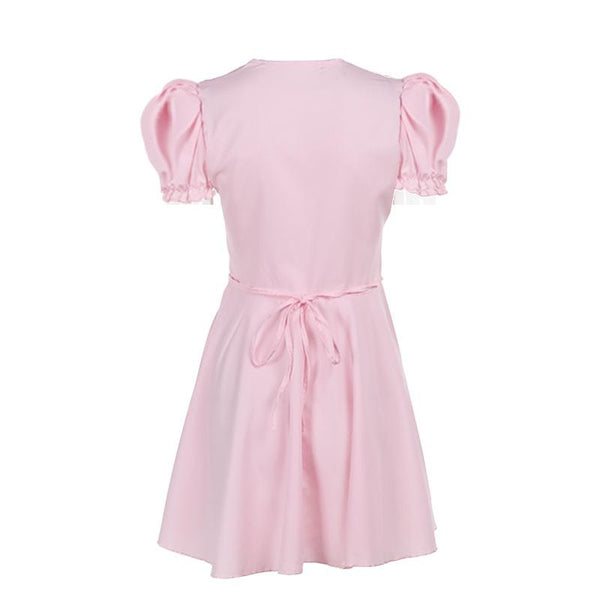 Short puff sleeve ruffle v neck self tie mini dress