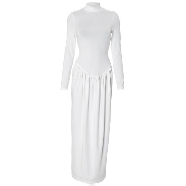 High neck long sleeve ruched maxi dress