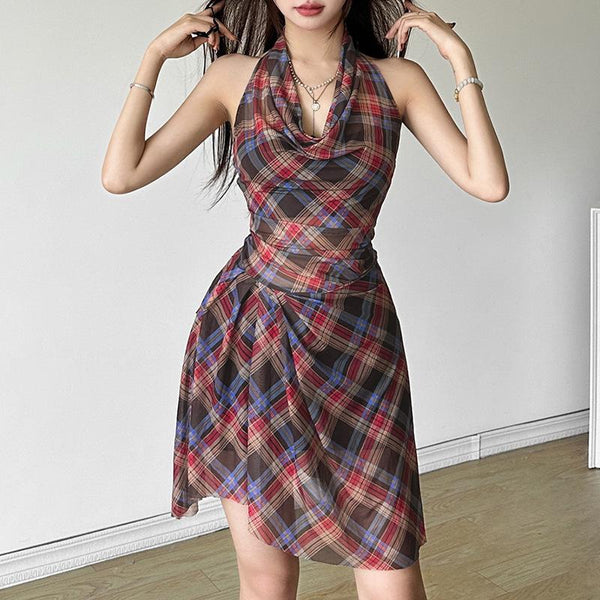 Halter cowl neck plaid ruched backless mini dress