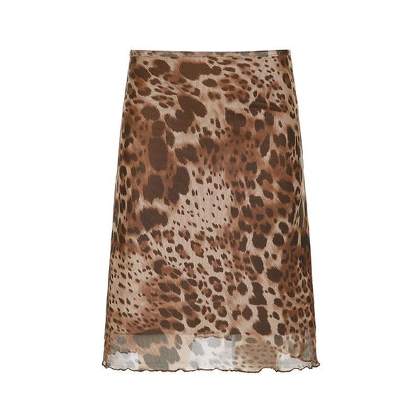 Leopard print mesh low rise midi skirt