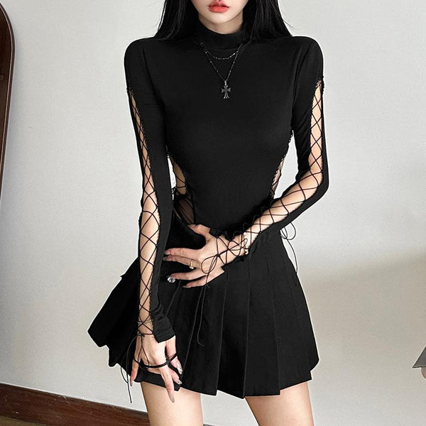 High neck long sleeve hollow out mesh bodysuit