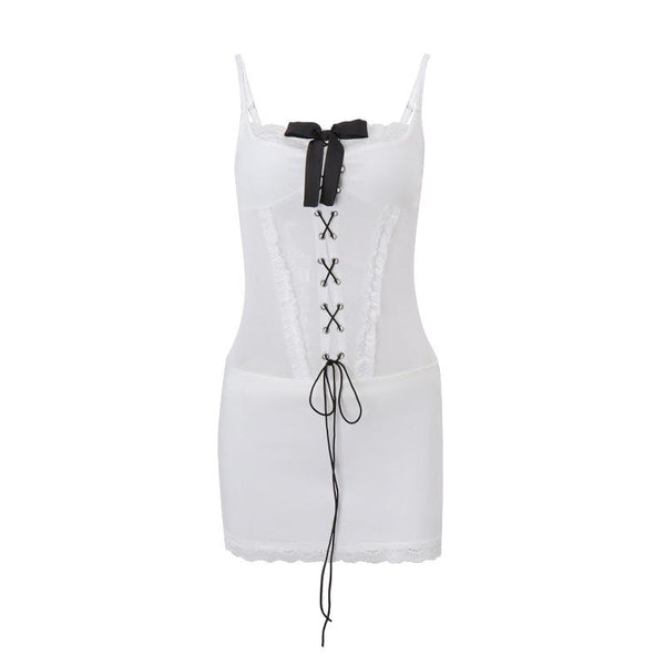 Bowknot lace up lace hem mesh cami mini dress