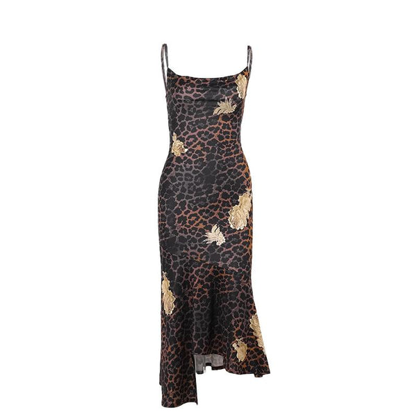 U neck leopard print irregular cami midi dress