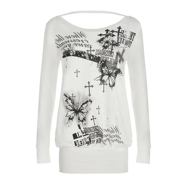 Long sleeve butterfly print backless top