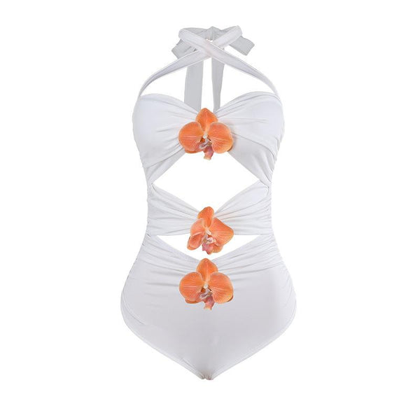 Halter flower applique hollow out ruched bodysuit