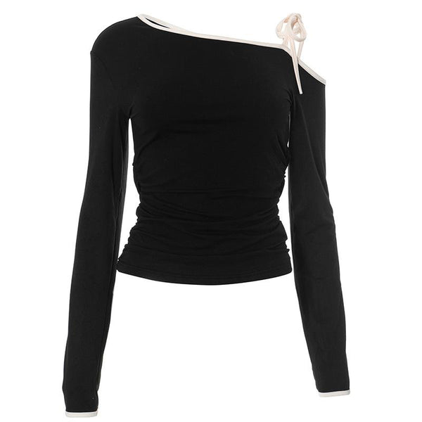 One shoulder long sleeve self tie top