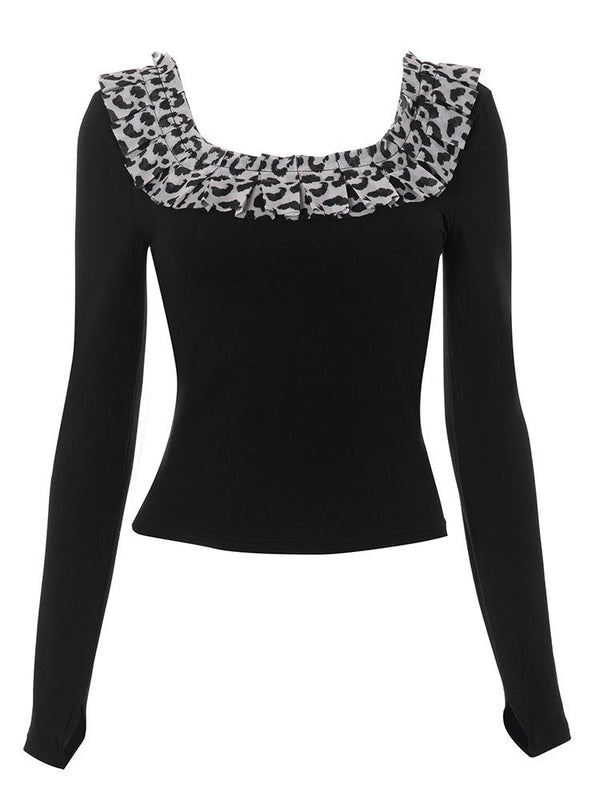 Long sleeve u neck leopard print patchwork top