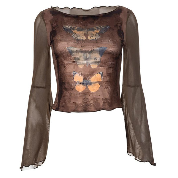 Long flared sleeve mesh patchwork butterfly pattern top