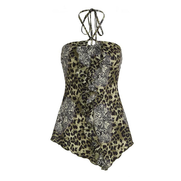 Leopard print halter o ring backless top