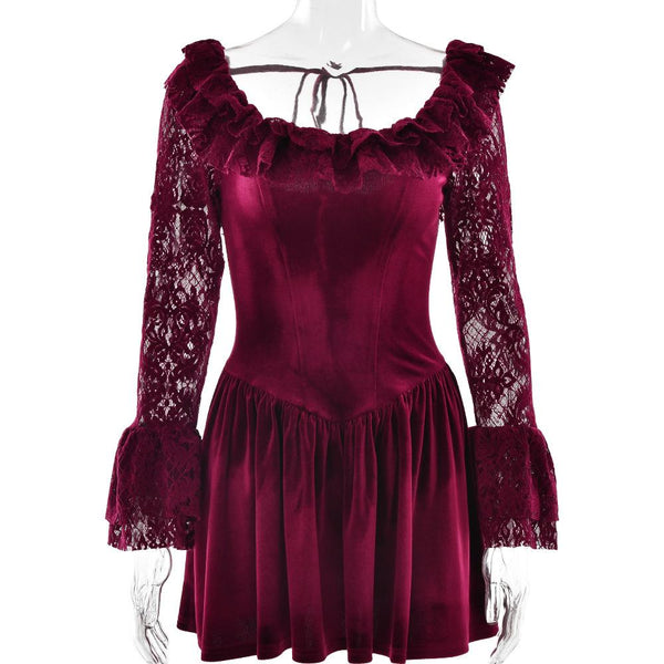 Long sleeve lace velvet self tie mini dress