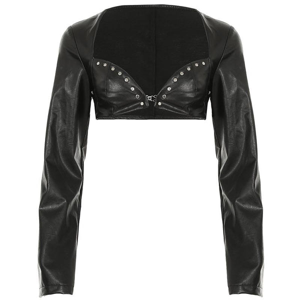 PU leather sweetheart neck long sleeve crop top