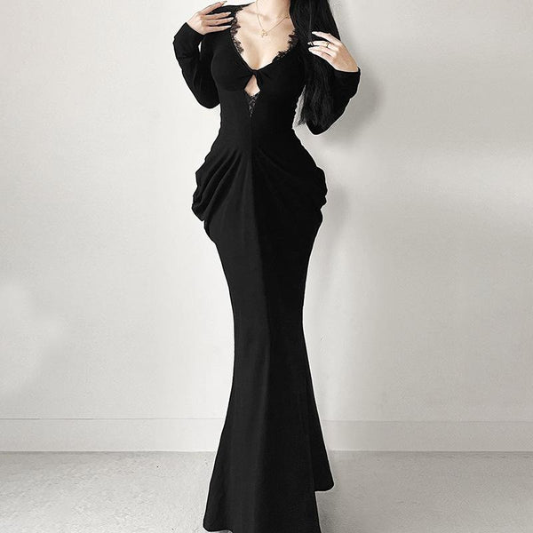 Long sleeve v neck lace hem ruched maxi dress