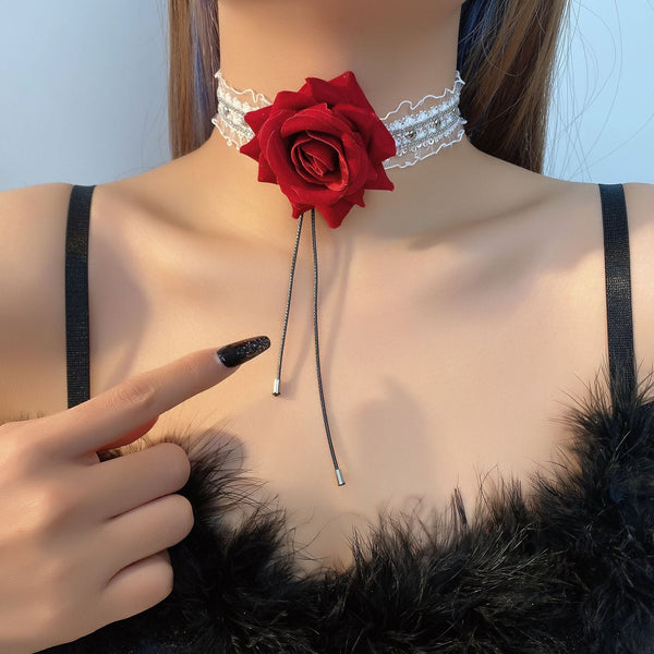 Flower decor ruffle lace choker necklace