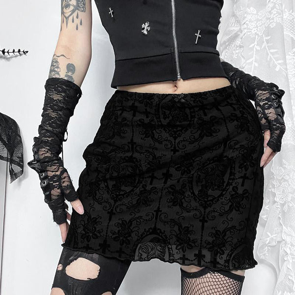 Print mesh bowknot ruffle mini skirt