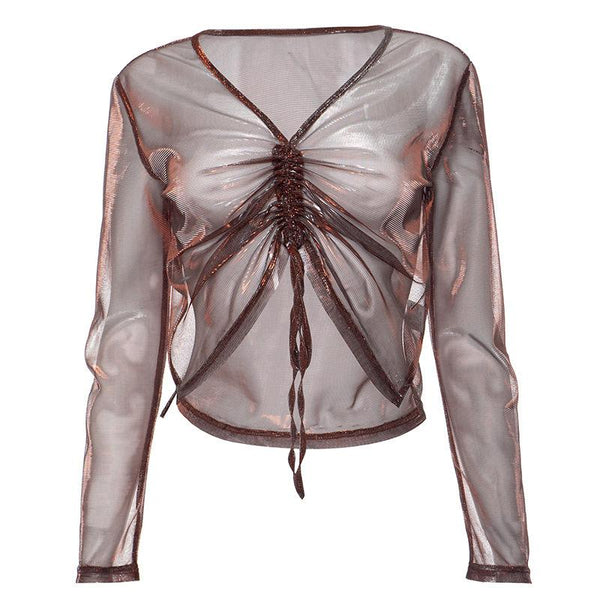 Long sleeve v neck drawstring ruched mesh top