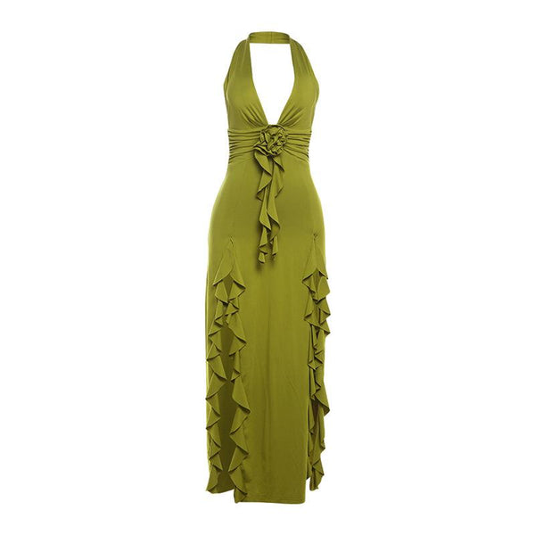 Halter v neck flower applique ruched high slit maxi dress