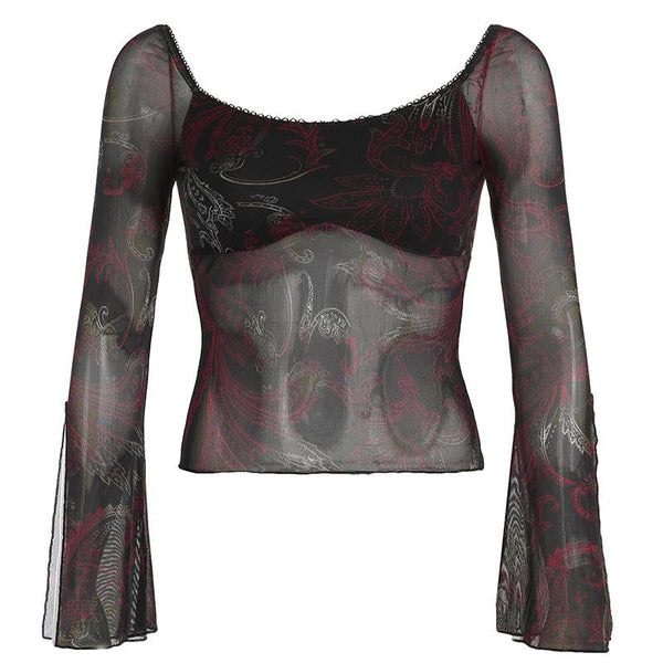 Long flared sleeve abstract mesh top