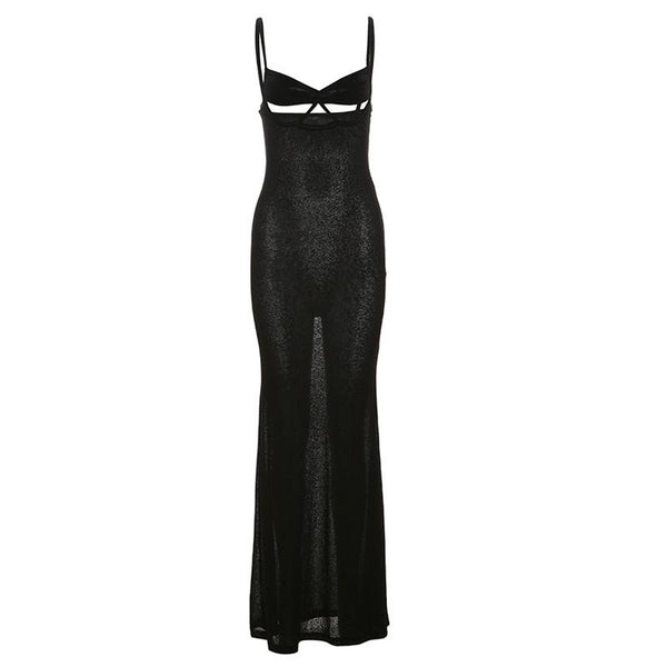 V neck hollow out backless see through cami maxi dress