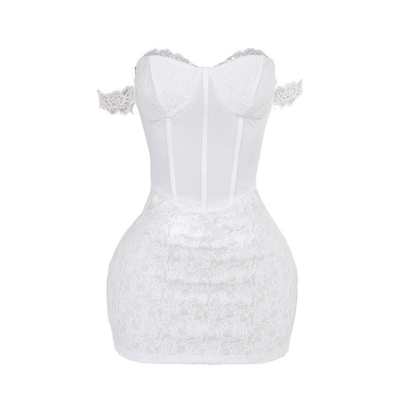 Sweetheart neck off shoulder bustier lace mini dress