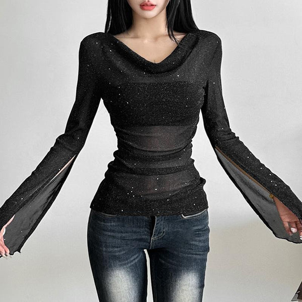 Long sleeve mesh glitter top