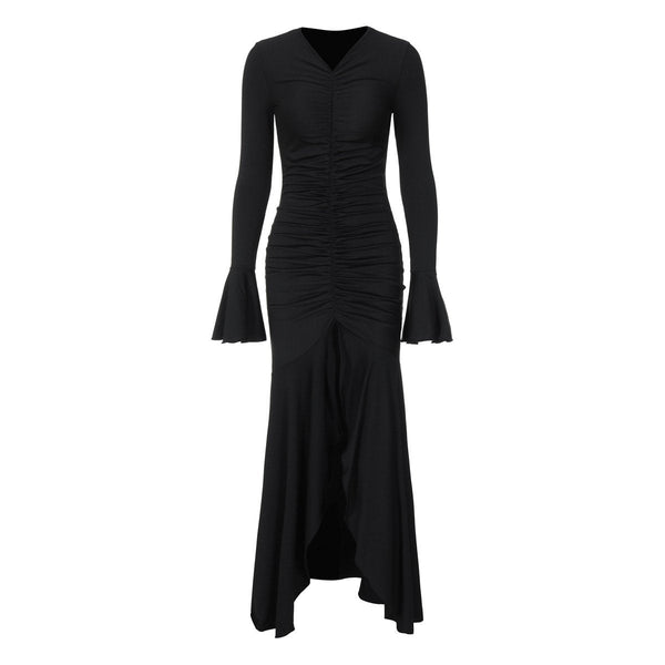 Long flared sleeve v neck ruched maxi dress