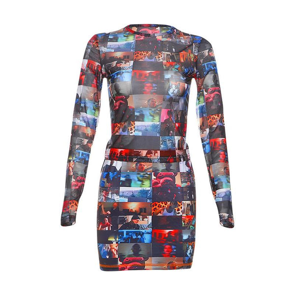 Crewneck long sleeve print stitch mini skirt set