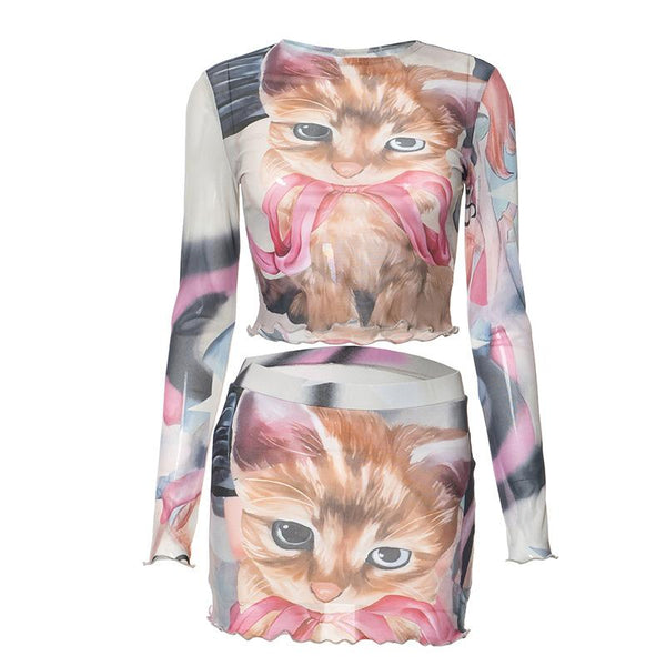 Long sleeve sheer mesh cat print mini skirt set