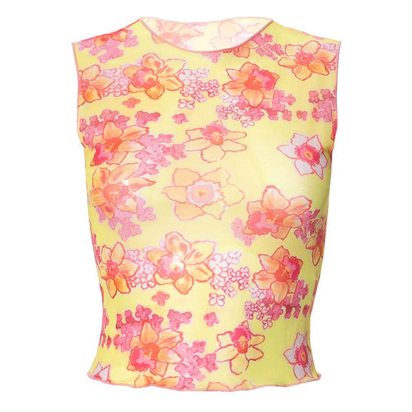 Sleeveless flower print sheer mesh crop top