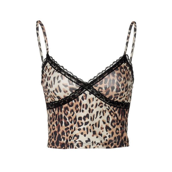 V neck lace hem leopard print backless cami top