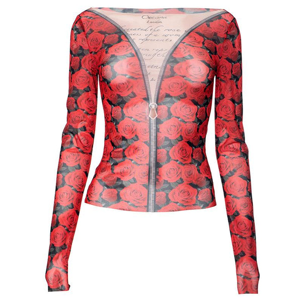 Long sleeve round neck rose print sheer mesh top
