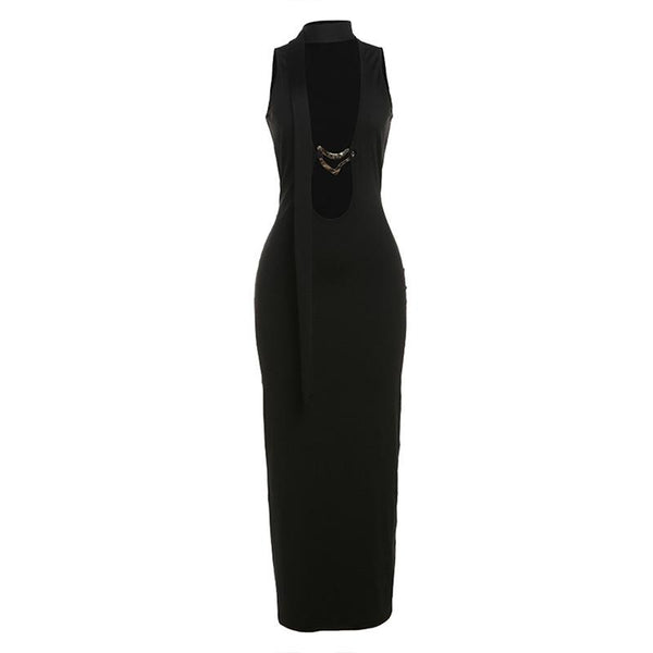 Hollow out metal applique maxi dress