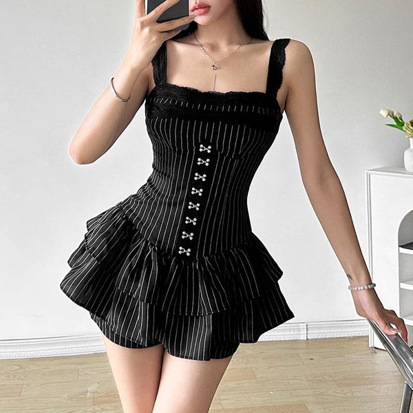 Lace hem striped button ruched cami romper