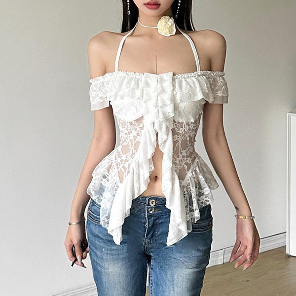 Halter lace mesh patchwork ruffle crop top