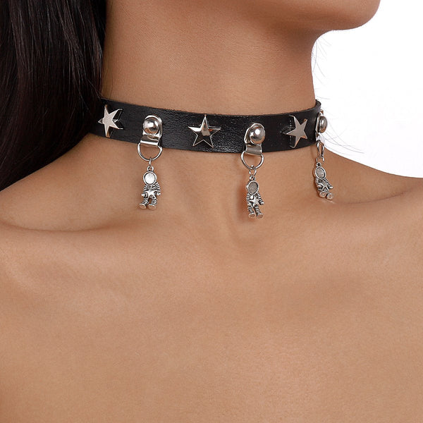 PU leather layered pendant chain choker necklace