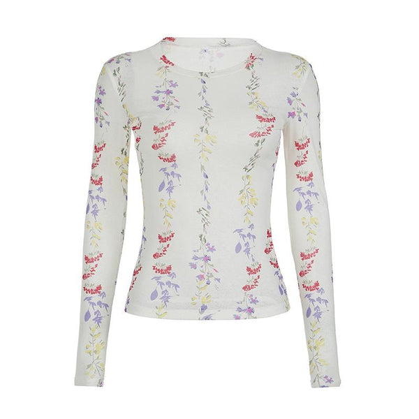 Crewneck long sleeve flower print top