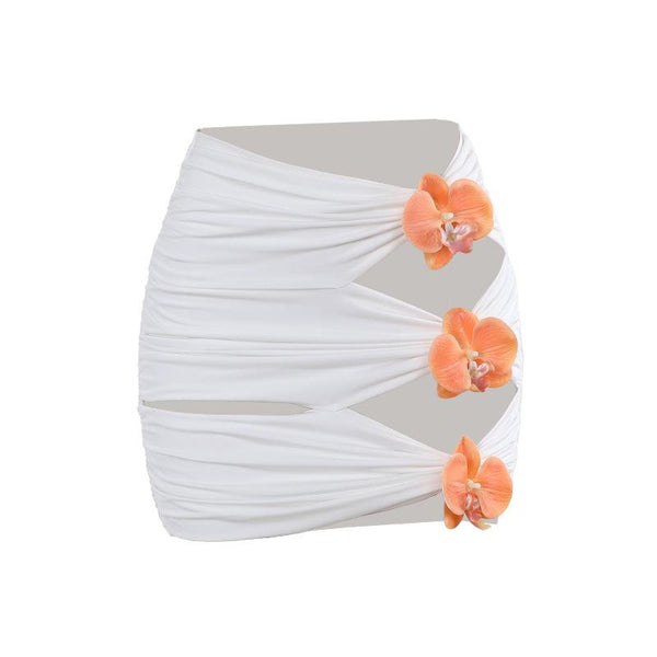 Ruched flower applique hollow out mini skirt