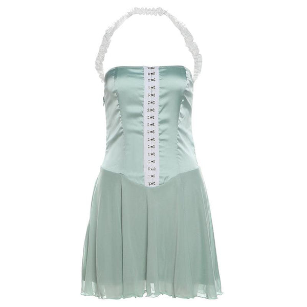 Halter button mesh backless mini dress