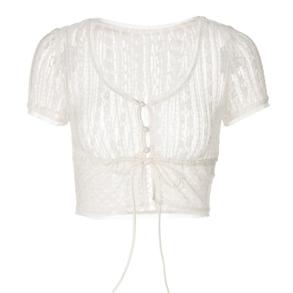 Short sleeve button lace see through crop top