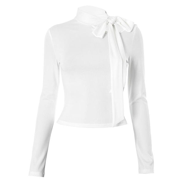 Hollow out bowknot self tie long sleeve solid top