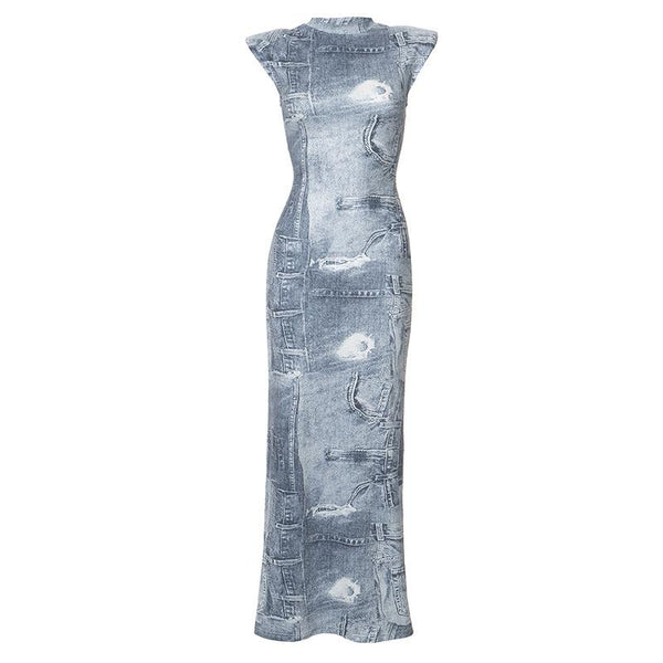 Cap sleeve crewneck denim print maxi dress